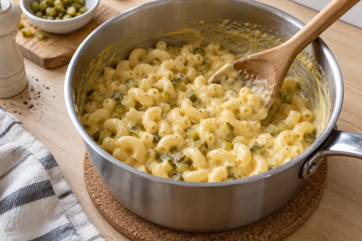 Macaroni and diced pickles being folded into cheddar sauce