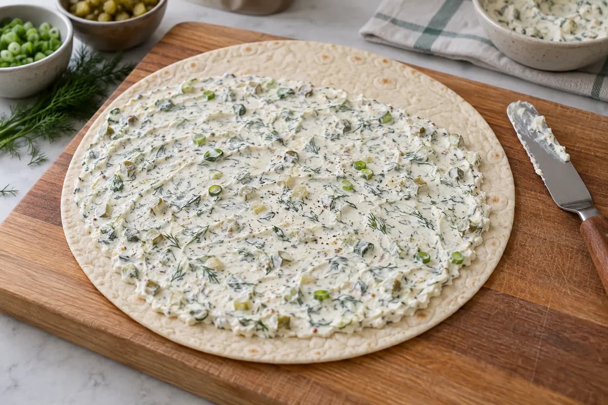 Cream-cheese and pickle filling spread over a tortilla with a narrow bare edge.