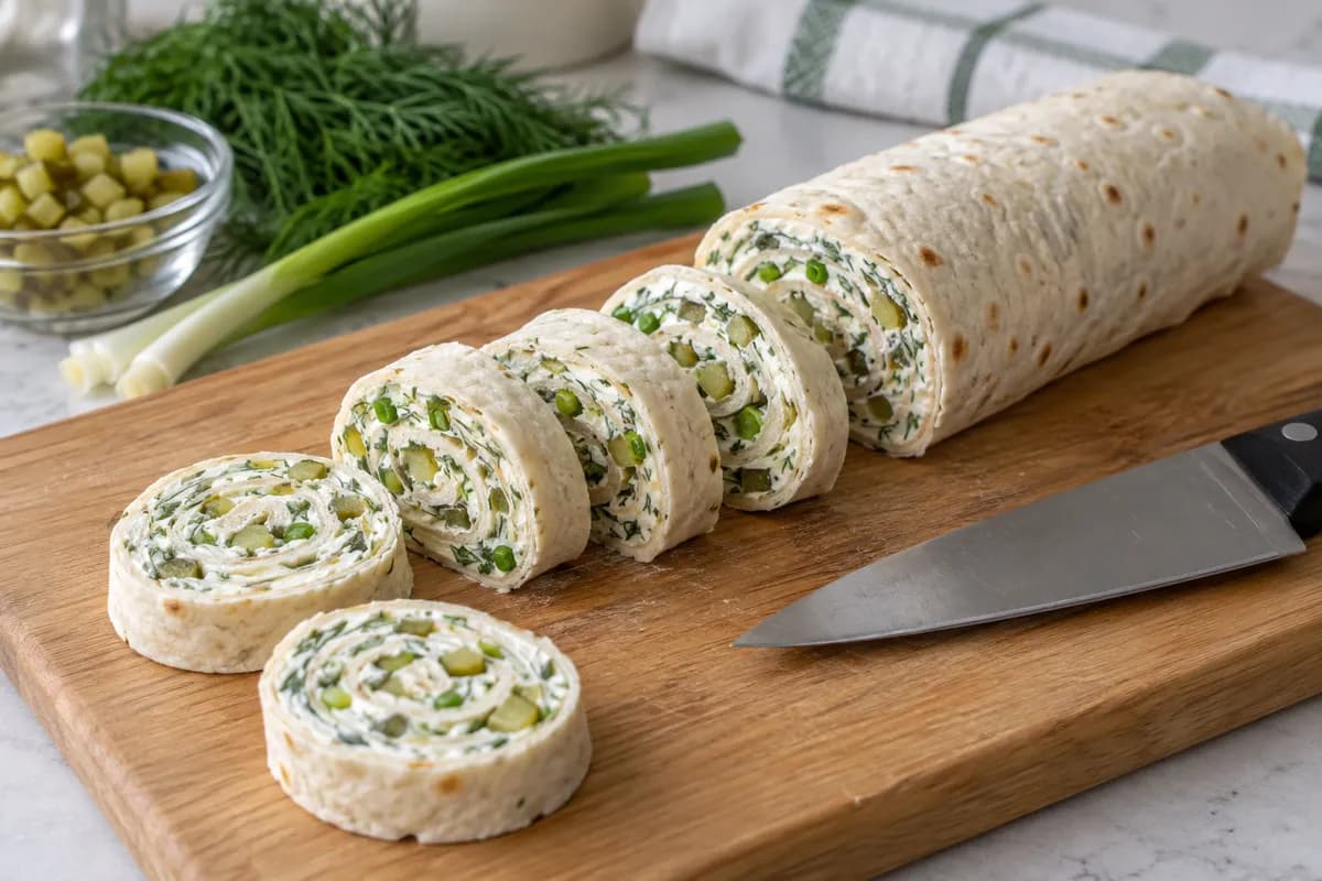 A chilled pickle pinwheel roll cut into even spiral slices.