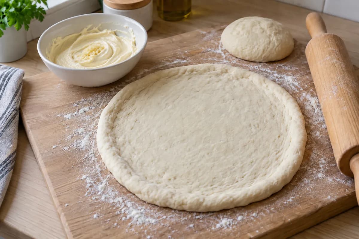 Pizza dough pressed into a thin round with a thicker rim