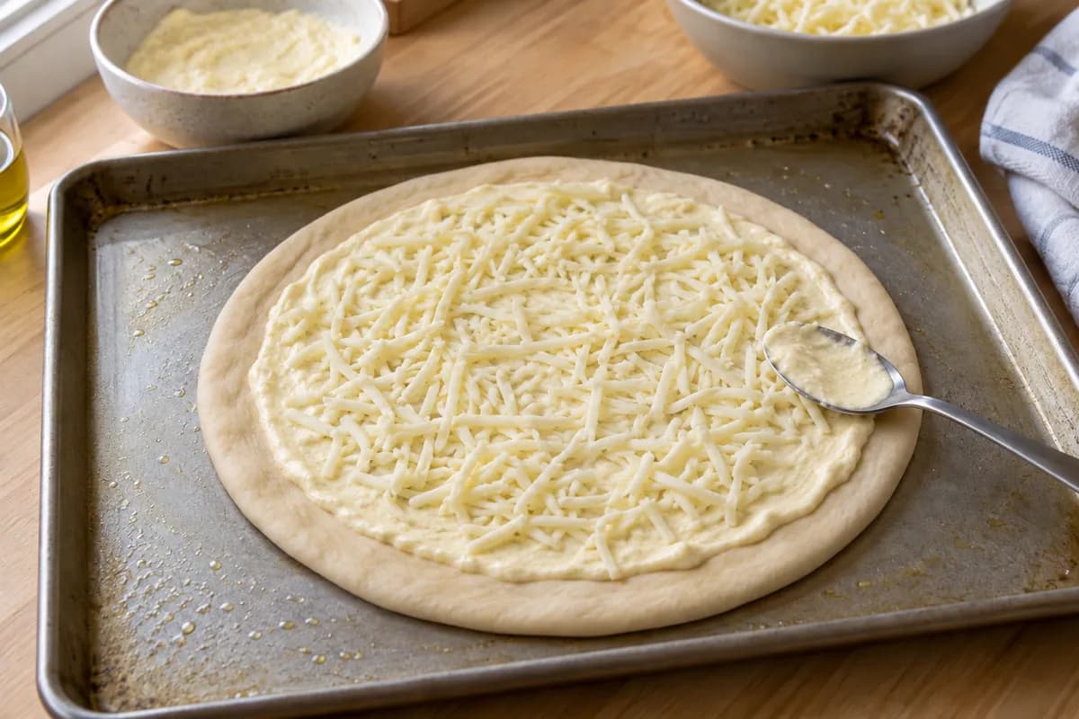 Raw pizza base spread with cream cheese and a light mozzarella layer