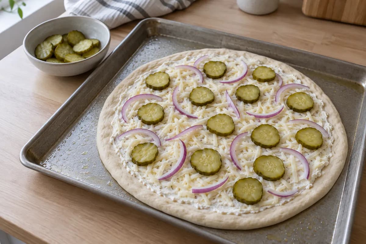Pickle slices and red onion arranged on an unbaked white pizza