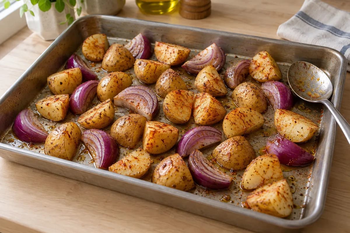 Raw potato pieces and red onion wedges spread over a roasting tray