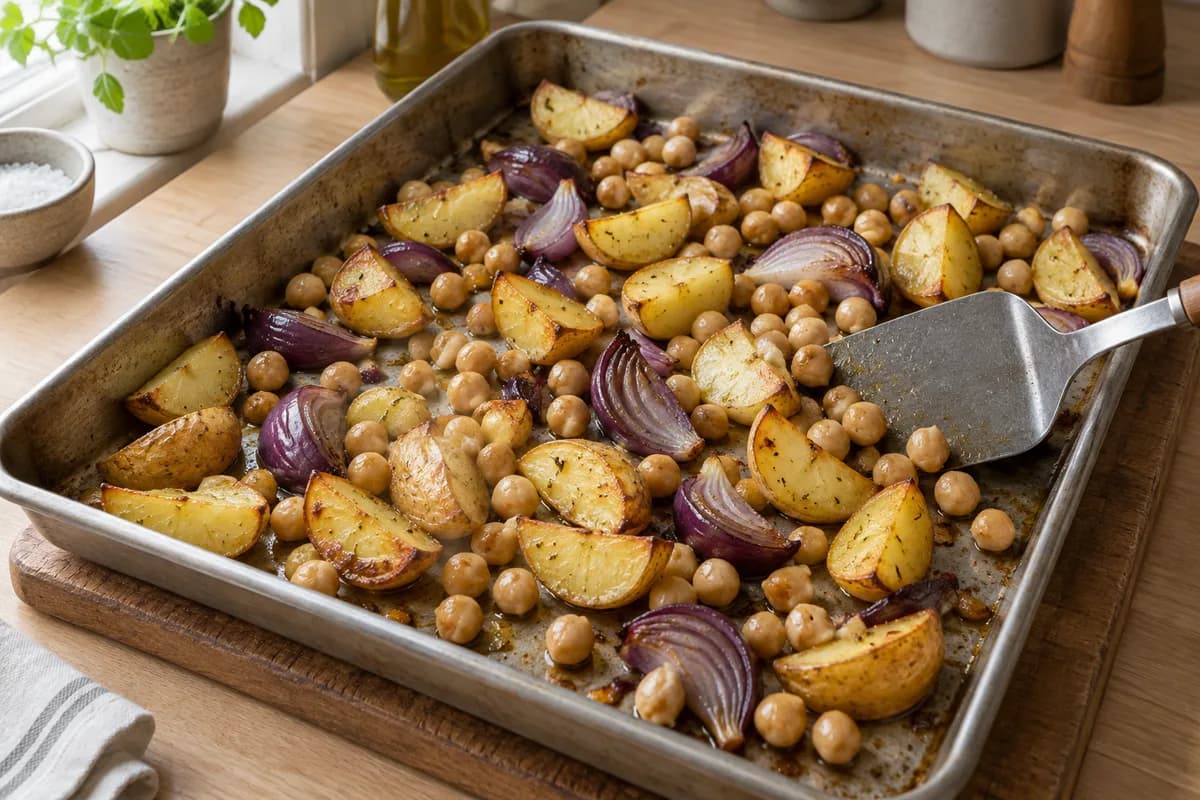 Chickpeas added among partly roasted potatoes and red onion