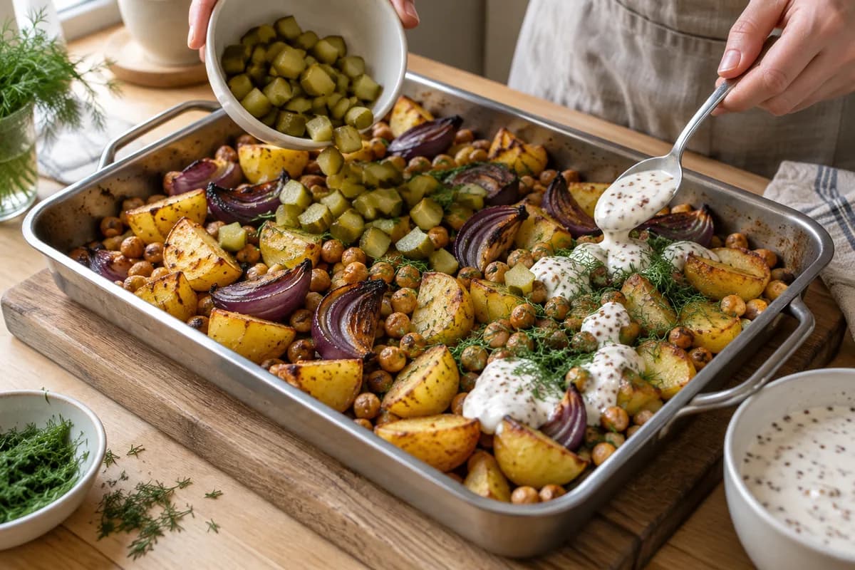 Pickles and dill added to roasted potatoes with mustard yogurt alongside