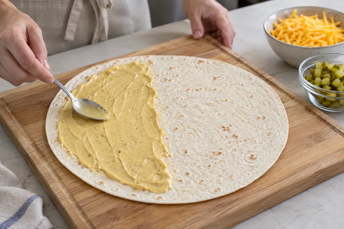 Dijon mustard spread over one half of a tortilla.