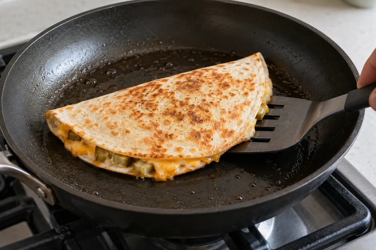 A folded quesadilla turned in a frying pan as the cheddar melts.