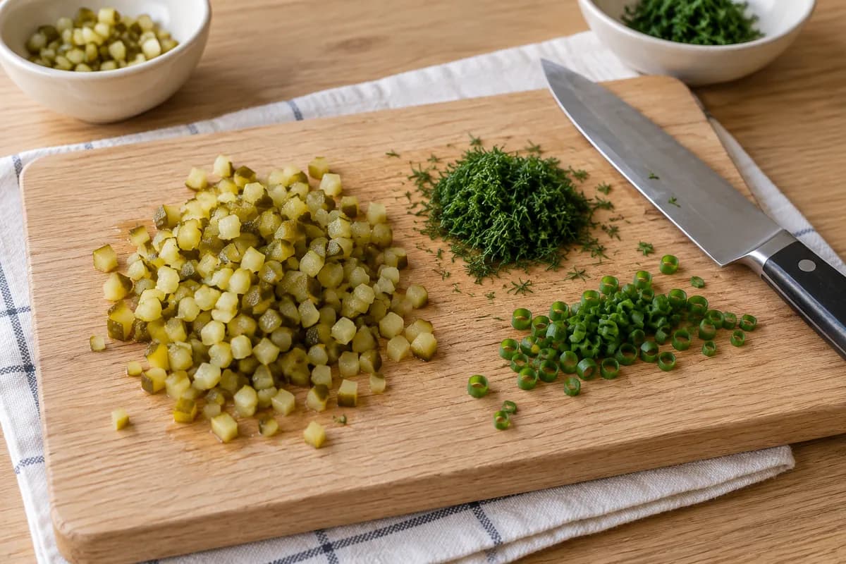 Pale oak board with very finely chopped dill-pickle cubes on a folded white towel, a small pile of finely chopped dill and a separate row of thin chive rings.