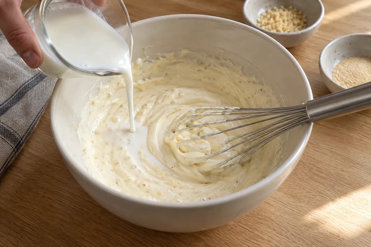 Cream ceramic mixing bowl of smooth pale mayonnaise and sour-cream base with garlic and onion granules mixed in.