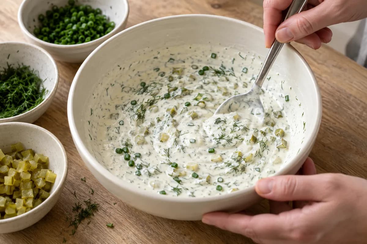 Cream ceramic mixing bowl of pale ranch dressing with finely diced pickles, chopped dill and chive rings being folded in using a metal spoon.