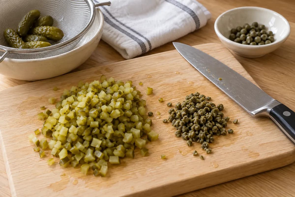 Pale oak cutting board with finely chopped drained dill pickles and a separate small pile of finely chopped capers.