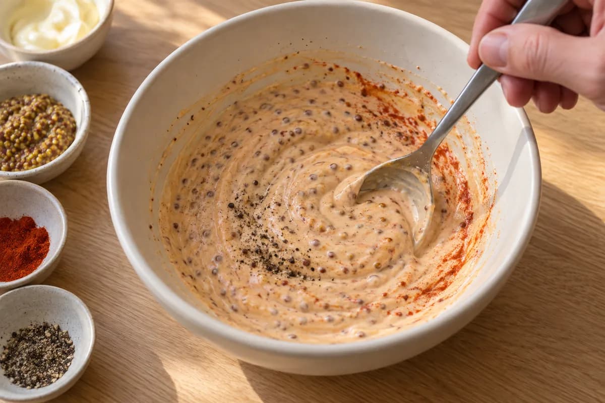 Cream ceramic mixing bowl of mayonnaise, wholegrain mustard, smoked paprika and black pepper being stirred with a metal spoon.