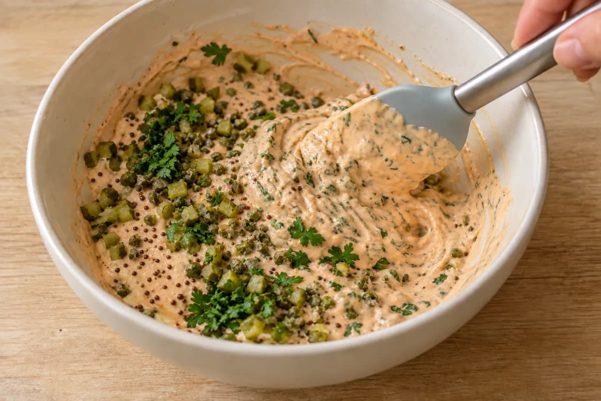 Cream ceramic mixing bowl of pale orange remoulade with tiny pickle cubes, caper pieces, mustard seeds and flat-leaf parsley being folded with a silicone spatula.
