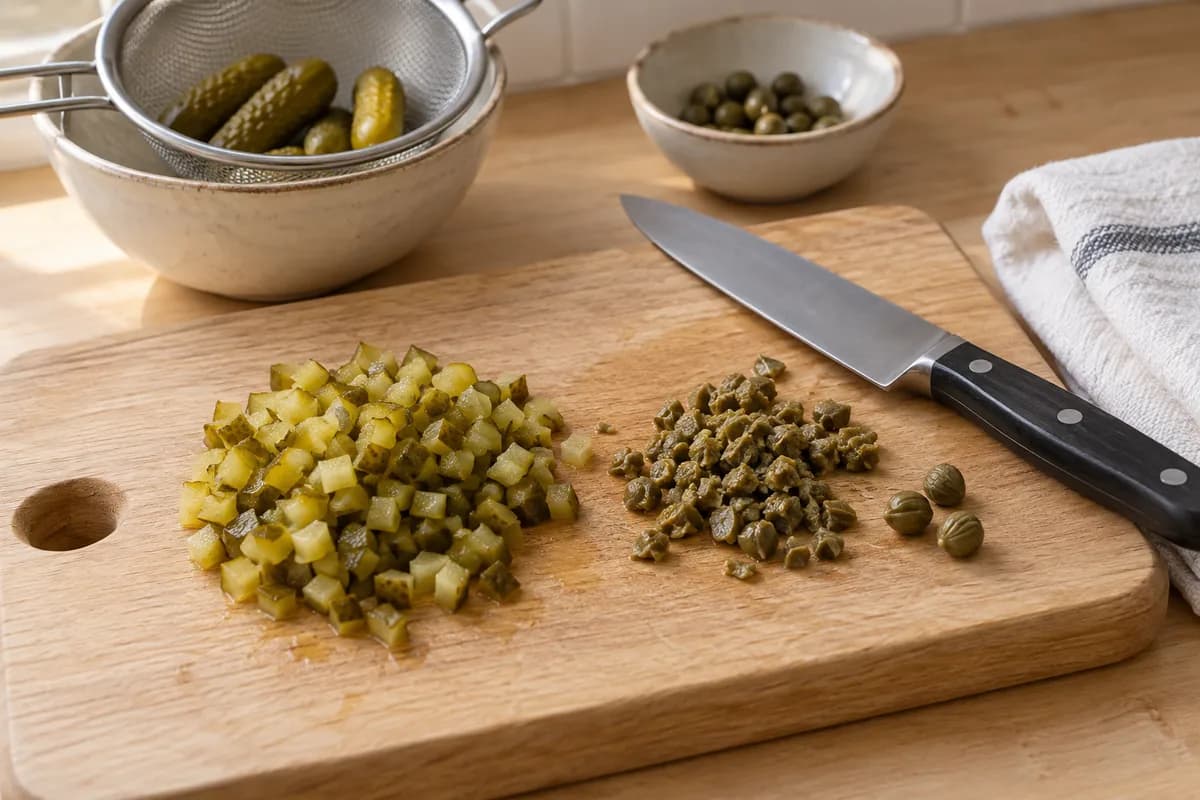 Finely diced pickles and chopped capers in separate piles on a cutting board.