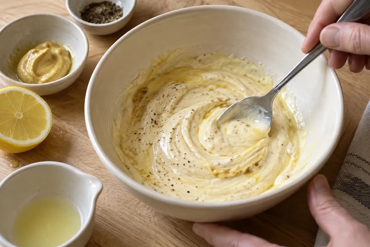 Mayonnaise, smooth Dijon mustard, lemon juice and black pepper being stirred into a pale sauce.