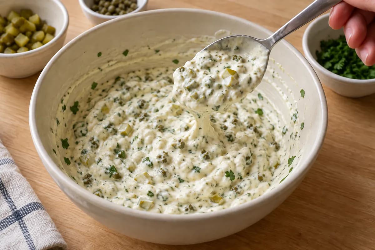 Diced pickles, chopped capers and parsley being folded into thick tartar sauce.
