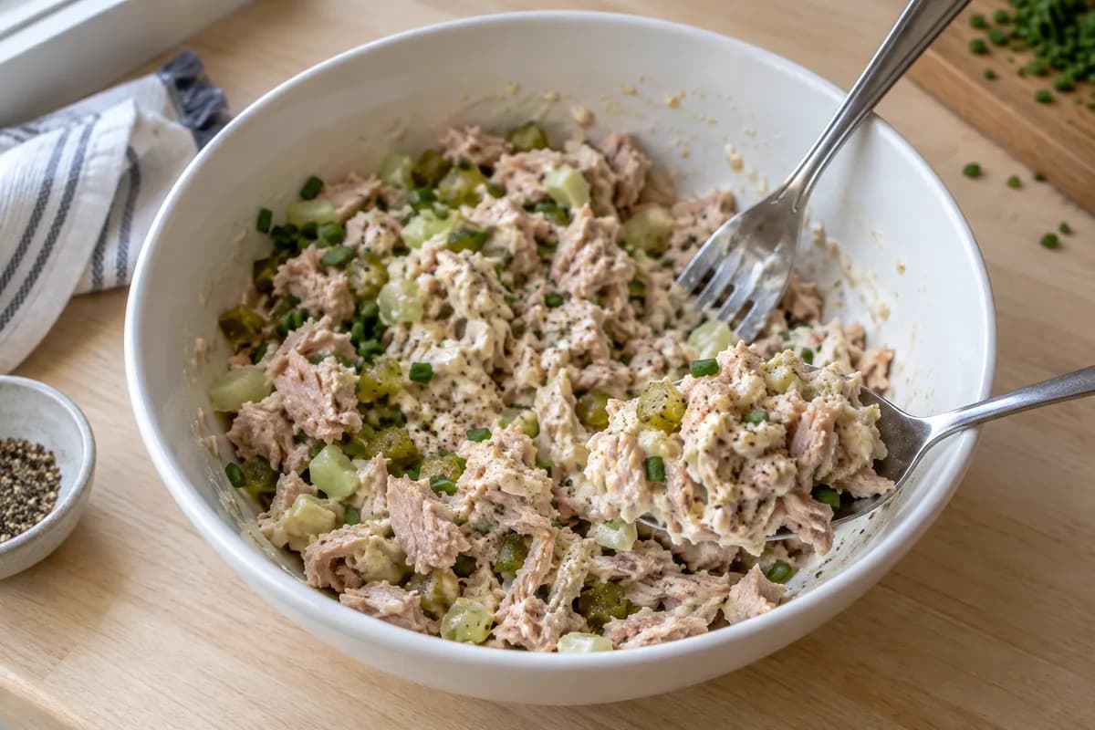 Tuna, diced pickles and celery being folded into a creamy filling