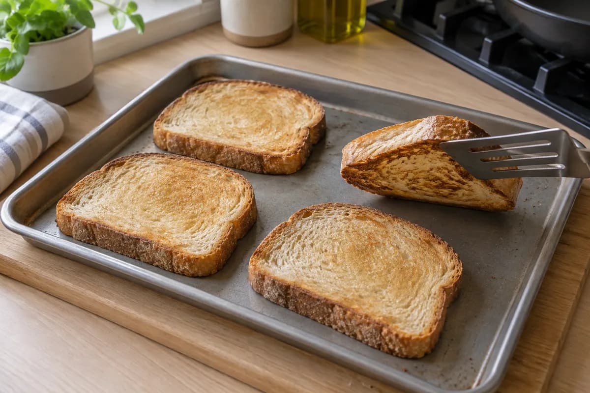 Four bread slices lightly toasted on a metal tray