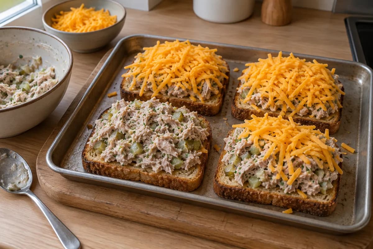 Tuna filling and grated cheddar spread over open toast slices