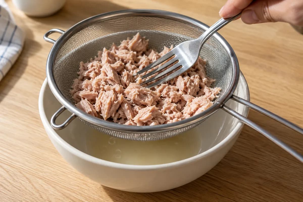 Canned tuna in spring water draining in a fine stainless steel sieve over a cream bowl on a pale oak counter.