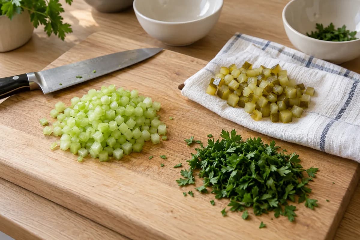 Pale oak cutting board with a little finely diced celery, tiny dill-pickle cubes on a white towel and chopped flat-leaf parsley.