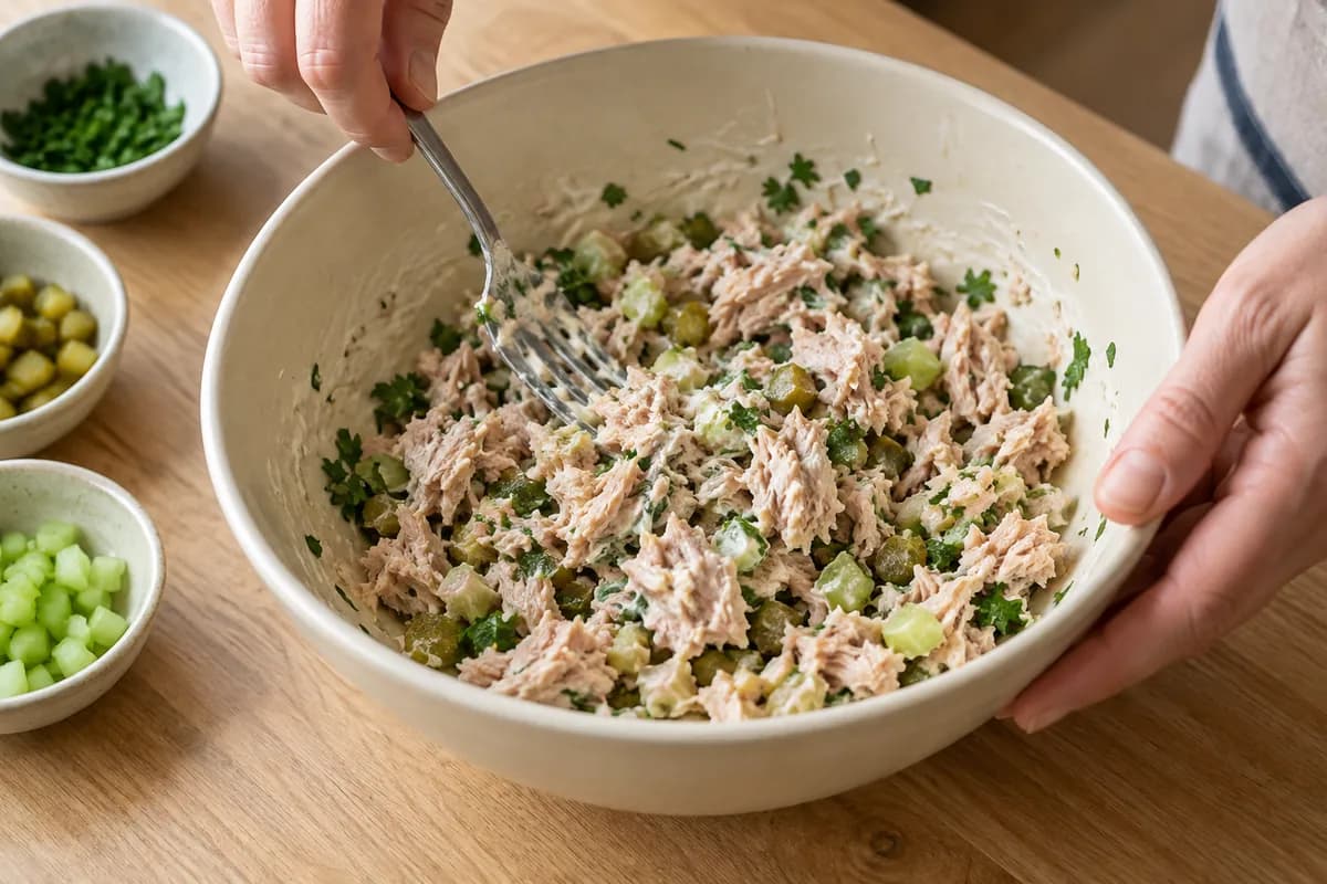 Flaked tuna, diced pickles, celery and parsley being folded through mayonnaise dressing.