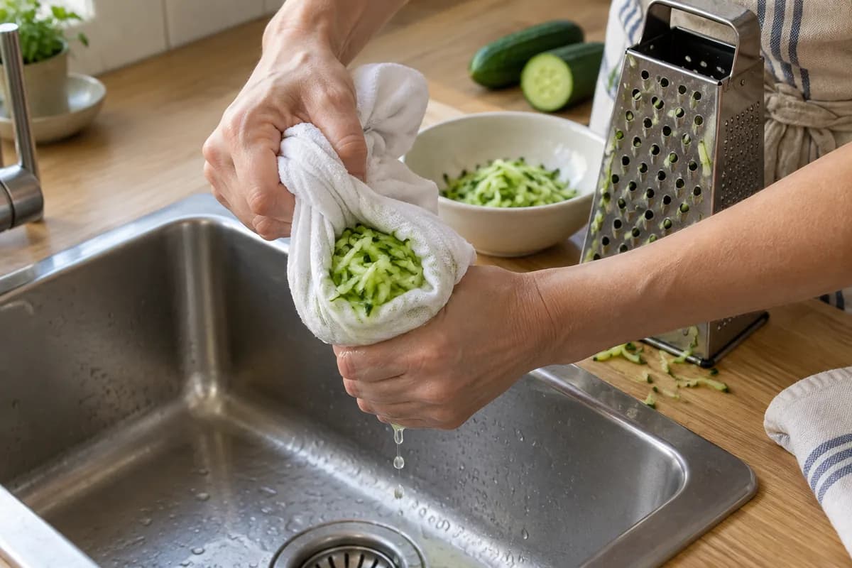 A cook's clean hands wringing a clean white cotton towel containing coarse fresh cucumber shreds over a stainless steel kitchen sink.