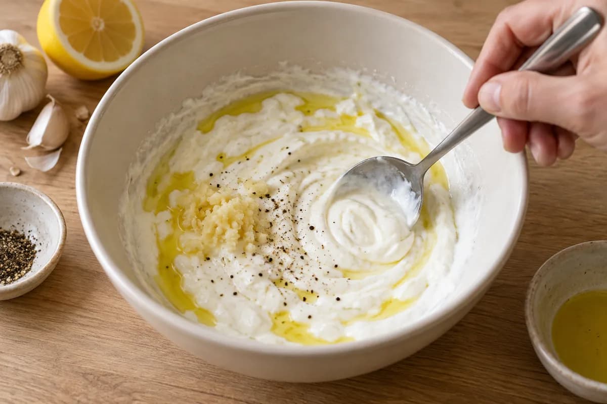 A cream ceramic mixing bowl with thick plain Greek yoghurt, olive oil, lemon juice and finely crushed garlic being stirred smooth with a metal spoon, a few black pepper flecks.