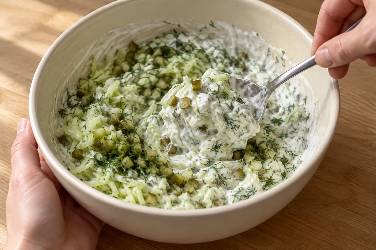 A cream ceramic mixing bowl of thick yoghurt with squeezed pale-green cucumber shreds, very small dark-green pickle cubes and chopped dill being folded together with a metal spoon.