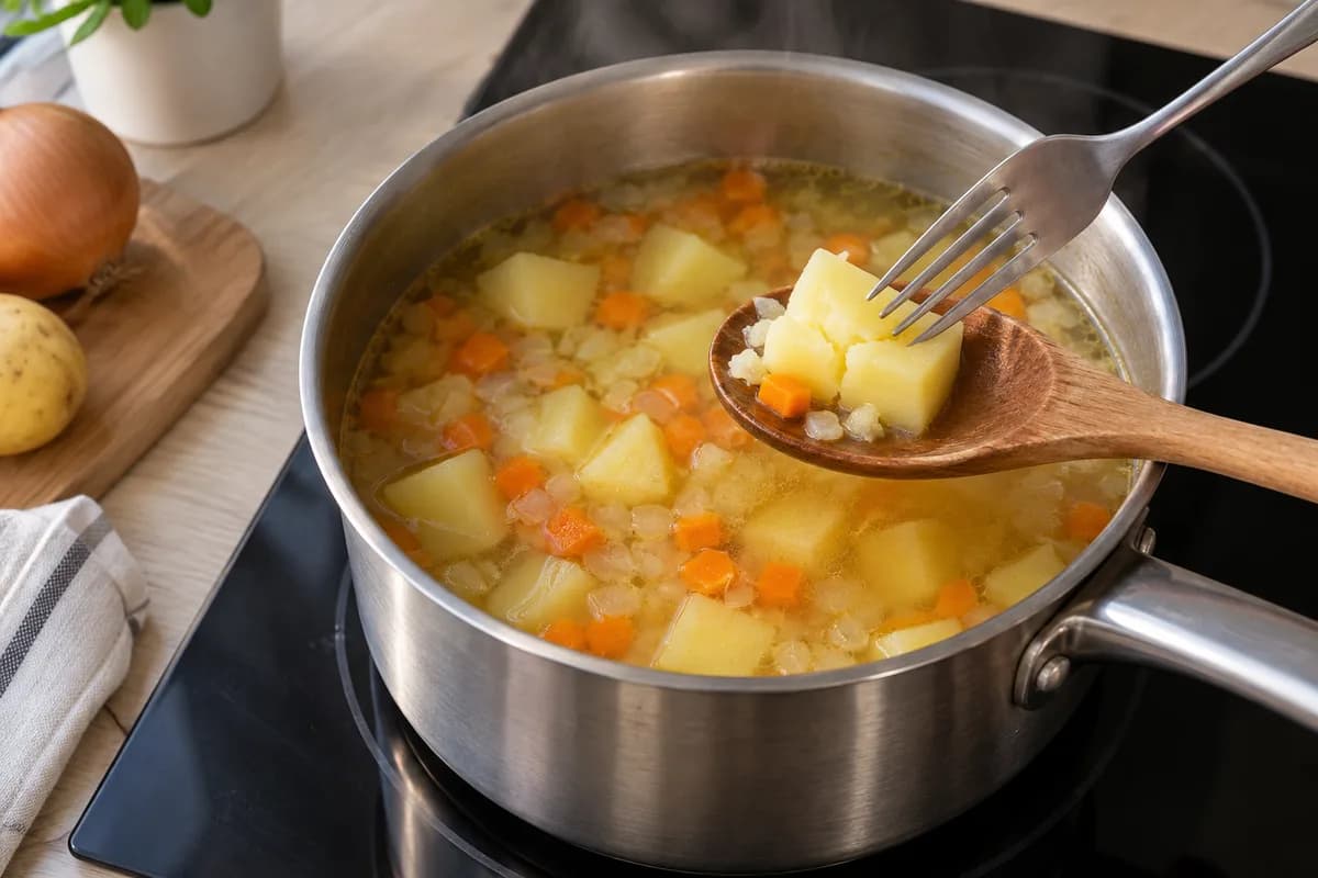 A potato cube being checked with a fork above a pot of clear vegetable soup