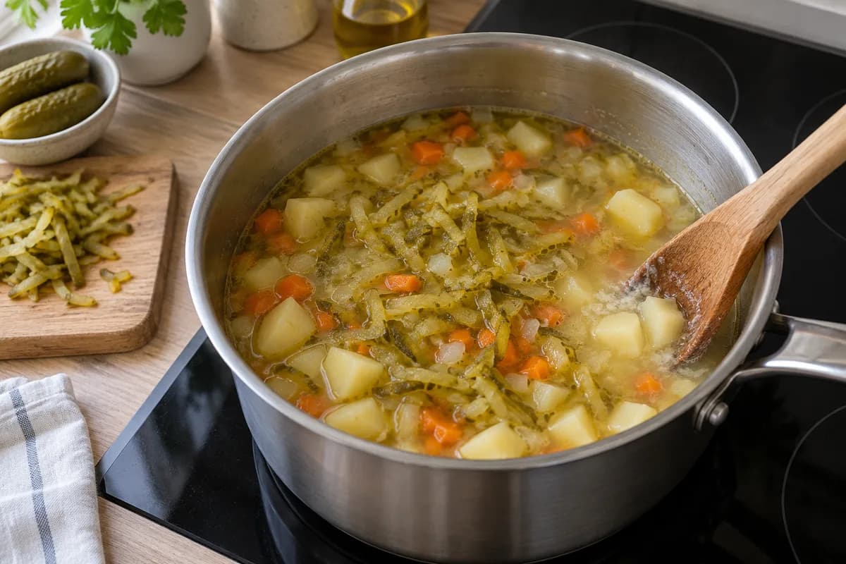 Grated pickles and soft potato pieces being stirred through vegetable broth