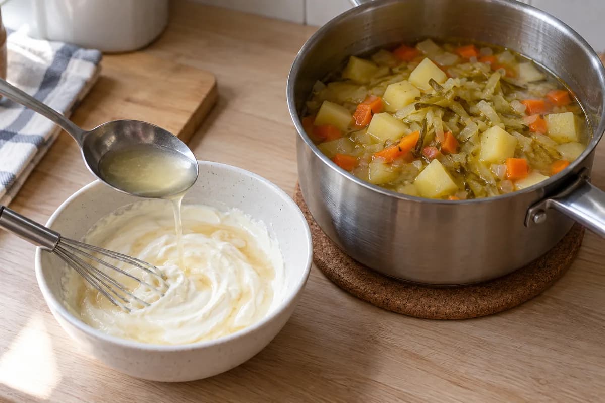 Sour cream being whisked with a spoonful of hot soup broth in a small bowl