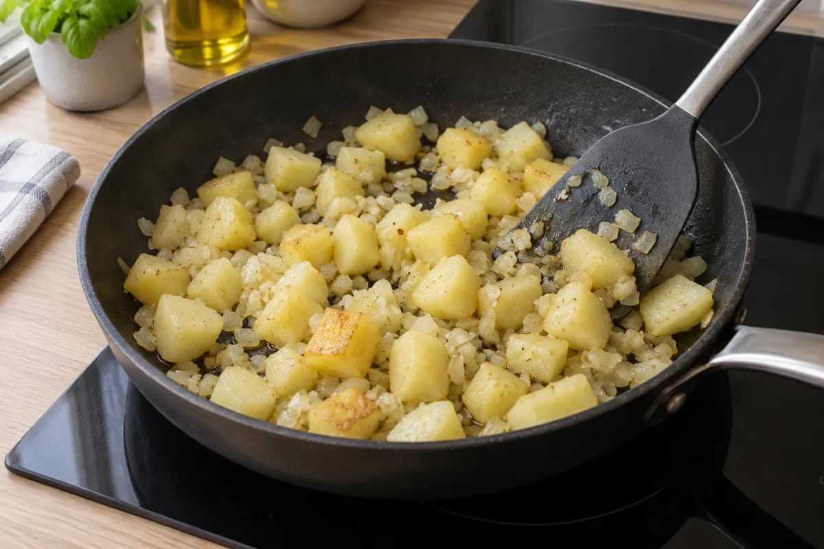 Tender potato cubes turning in a pan with softened onion