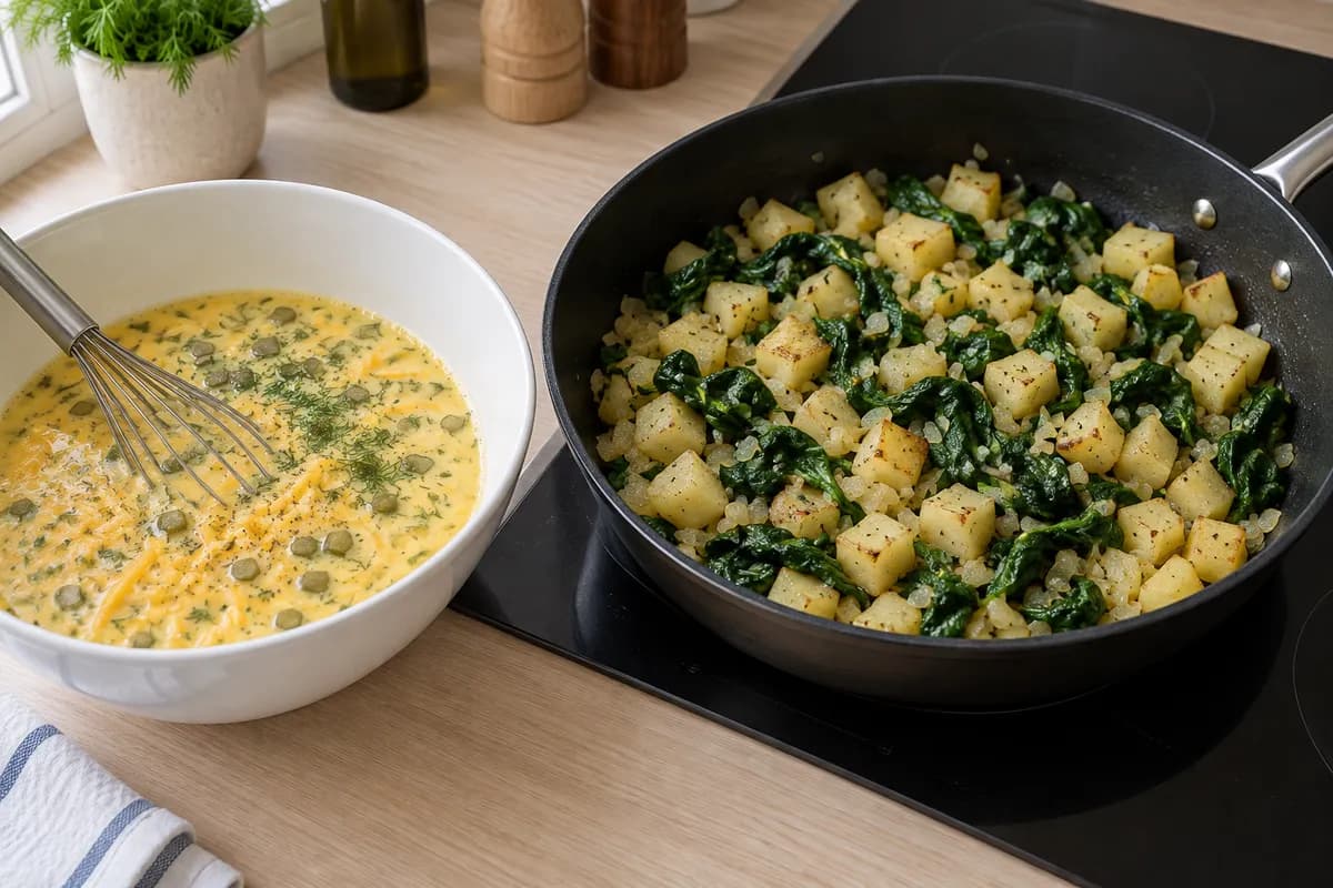 Whisked eggs with cheese and pickles beside wilted spinach and potatoes