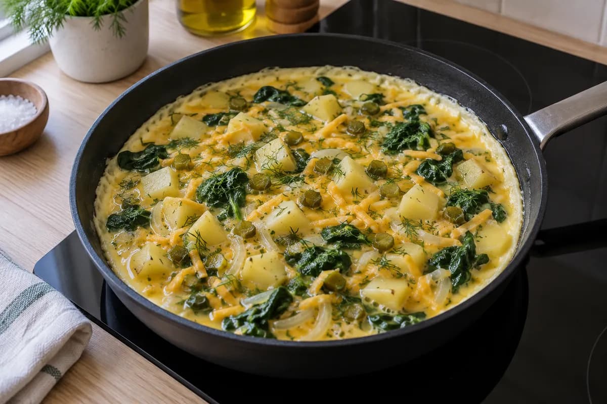 Egg mixture settling around potatoes and spinach with a pale set edge