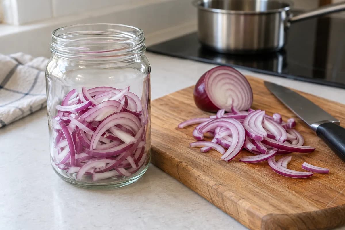 Thin red-onion half-rings separated and packed into a clean jar before adding liquid.
