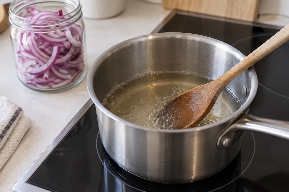 Clear onion-pickling liquid beginning to boil in a small saucepan.