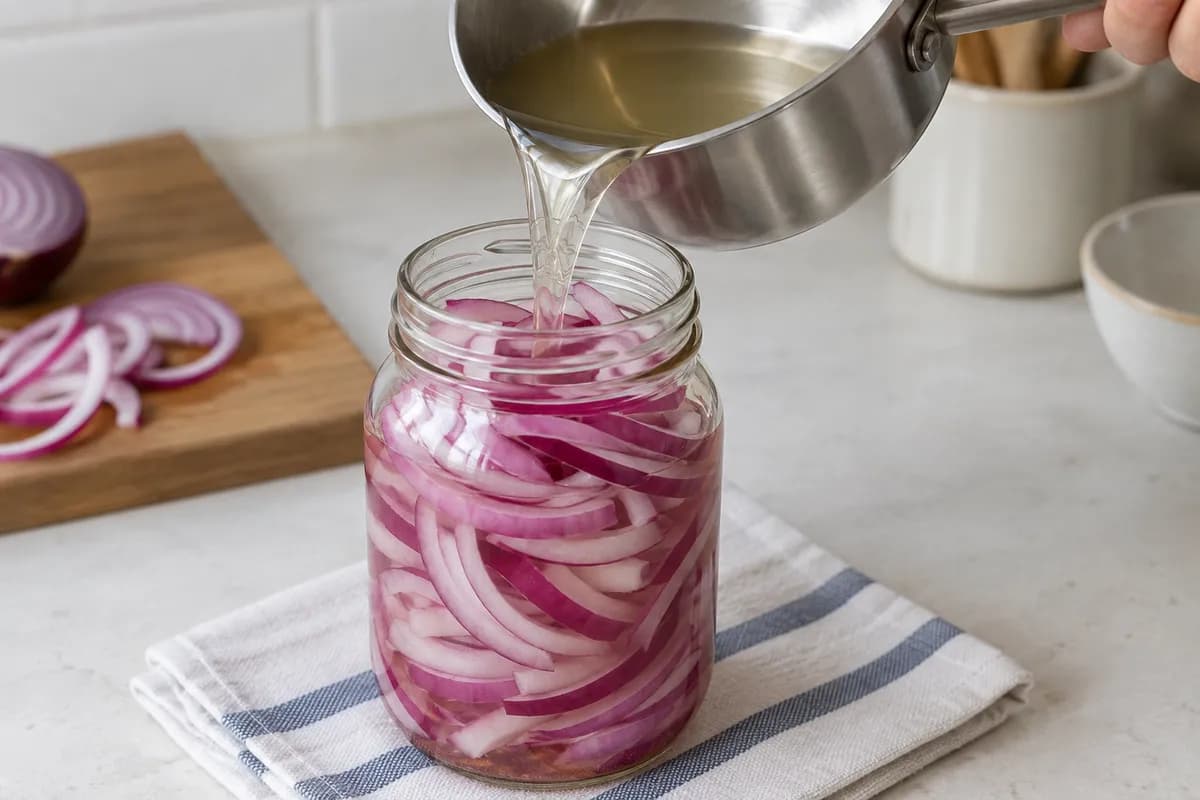 Hot pickling liquid poured over thin red-onion slices in a jar.