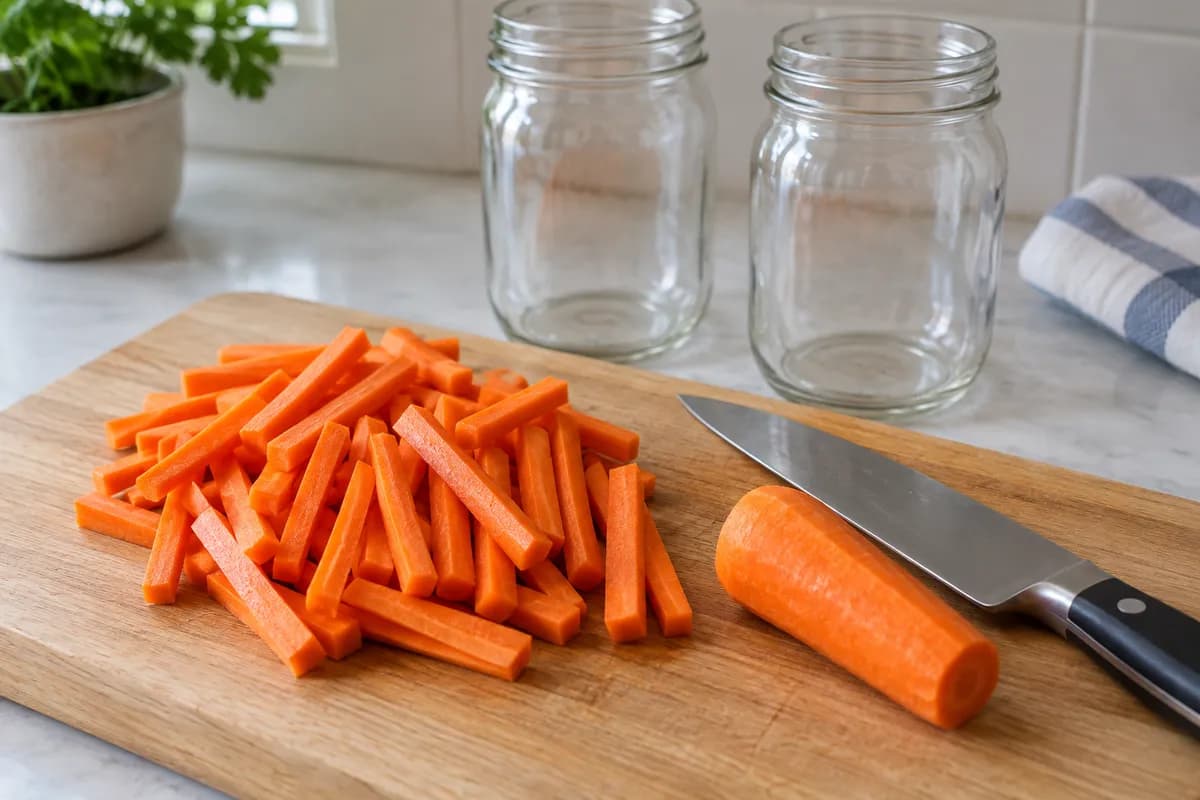 Carrots cut into even sticks beside two empty pint jars.