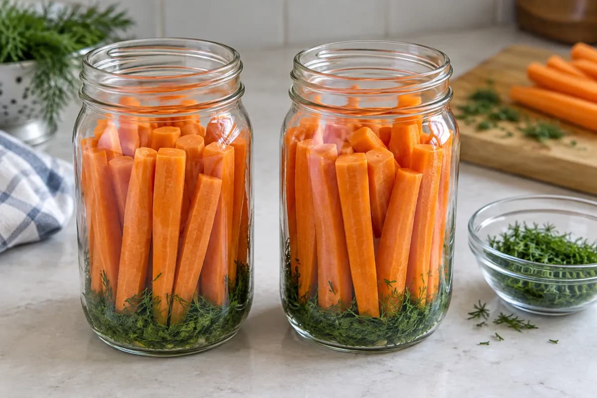 Carrot sticks packed into two pint jars with chopped dill underneath.