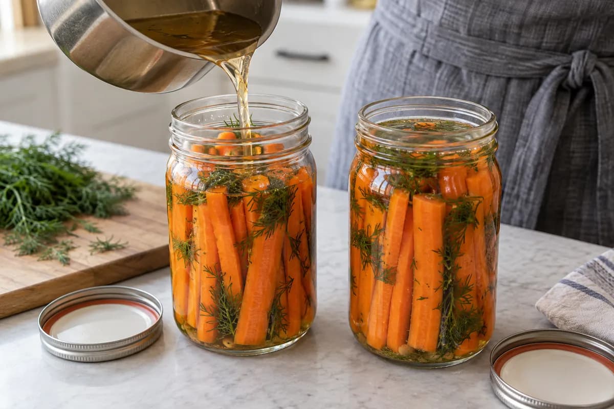 Warm liquid added to two pint jars of carrot sticks and dill.