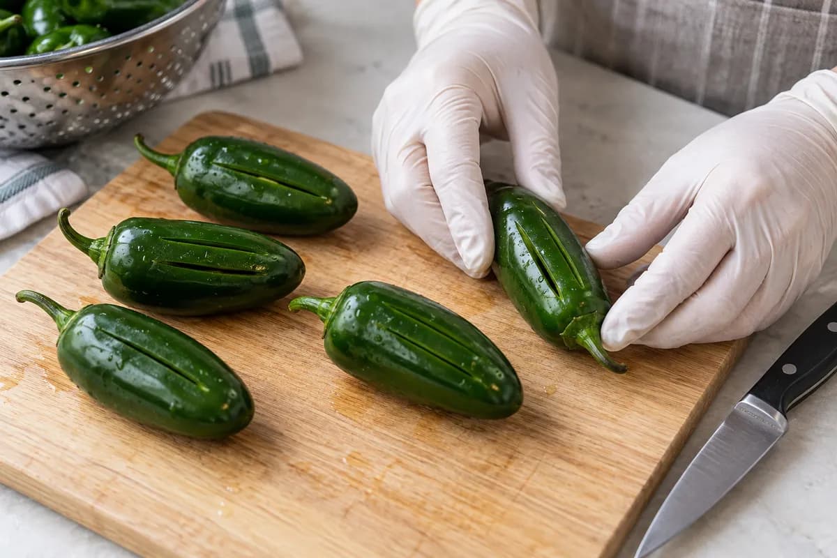 Whole jalapeños with small slits cut through their skins.