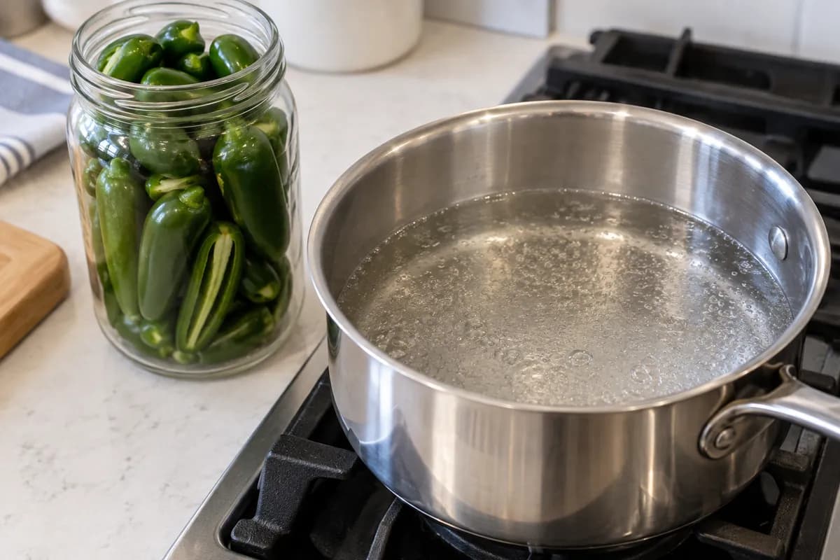 Clear jalapeño pickling liquid simmering in a saucepan.