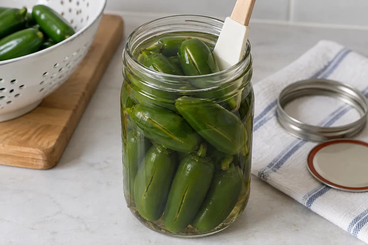 Whole slit jalapeños covered with liquid while trapped air is released.