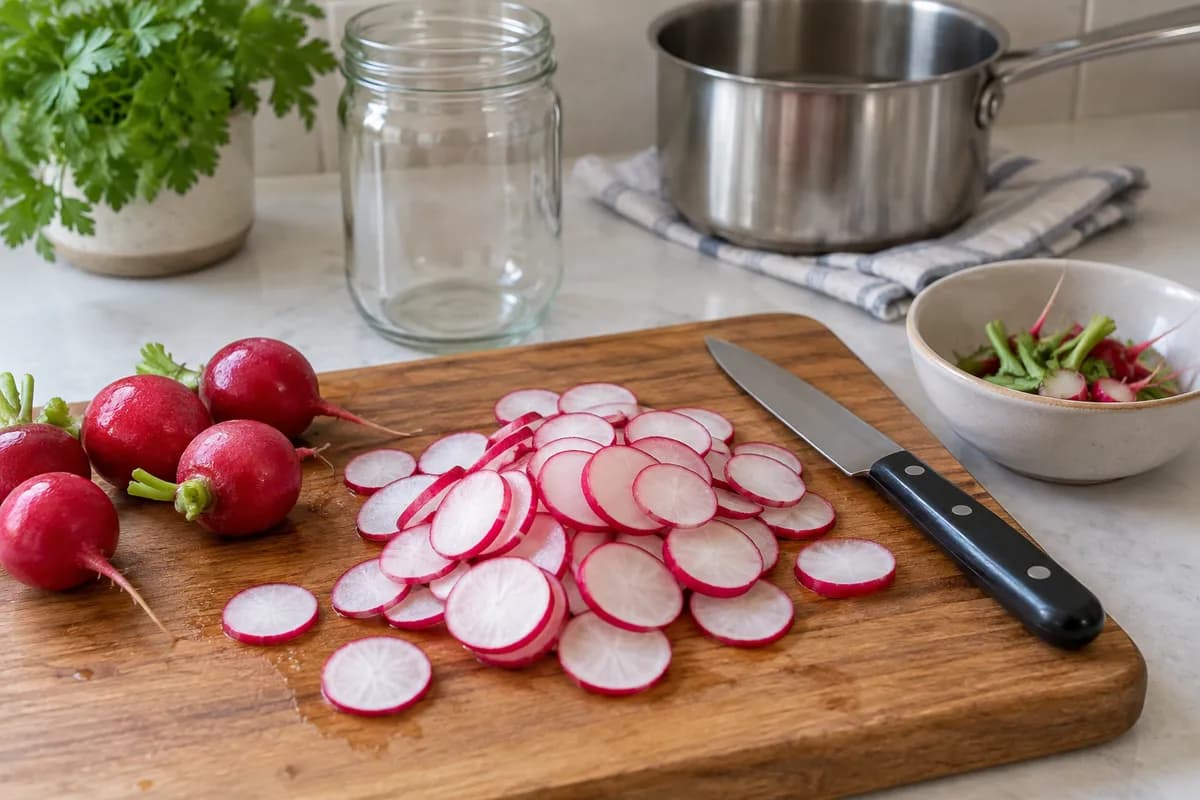 Thin radish rounds on a board with the trimmed ends set aside.