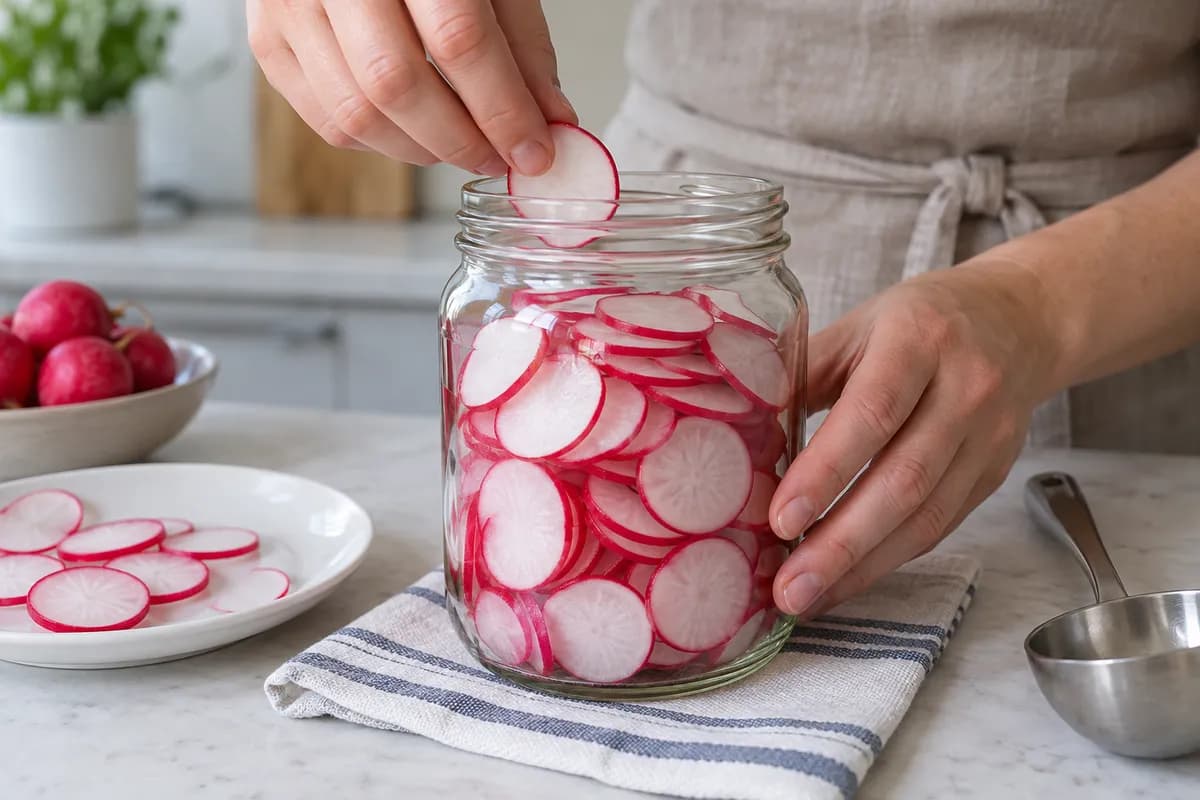 Thin radish slices packed into a clean pint jar before the liquid is added.