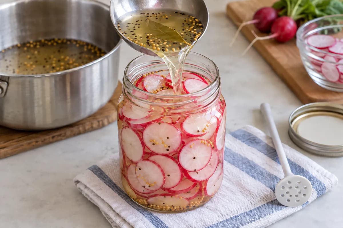 Seasoned hot liquid ladled over radish slices in a pint jar.