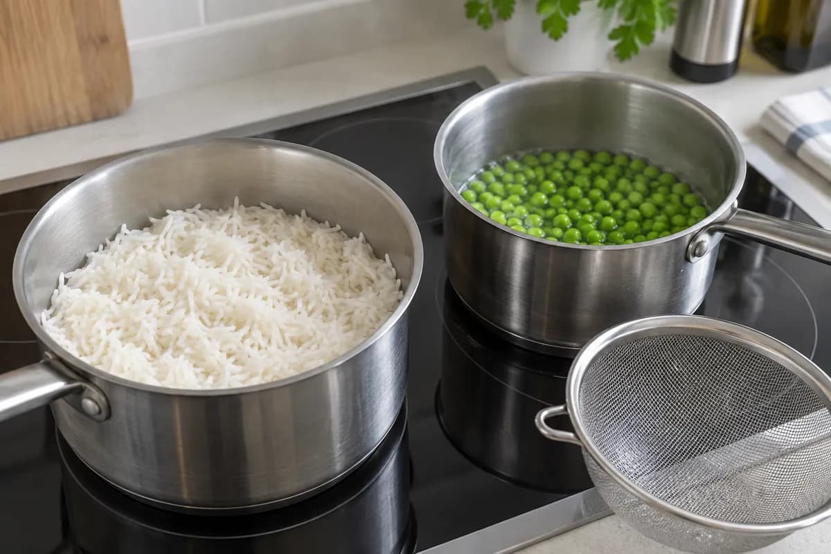 Rice and peas cooked separately before cooling.