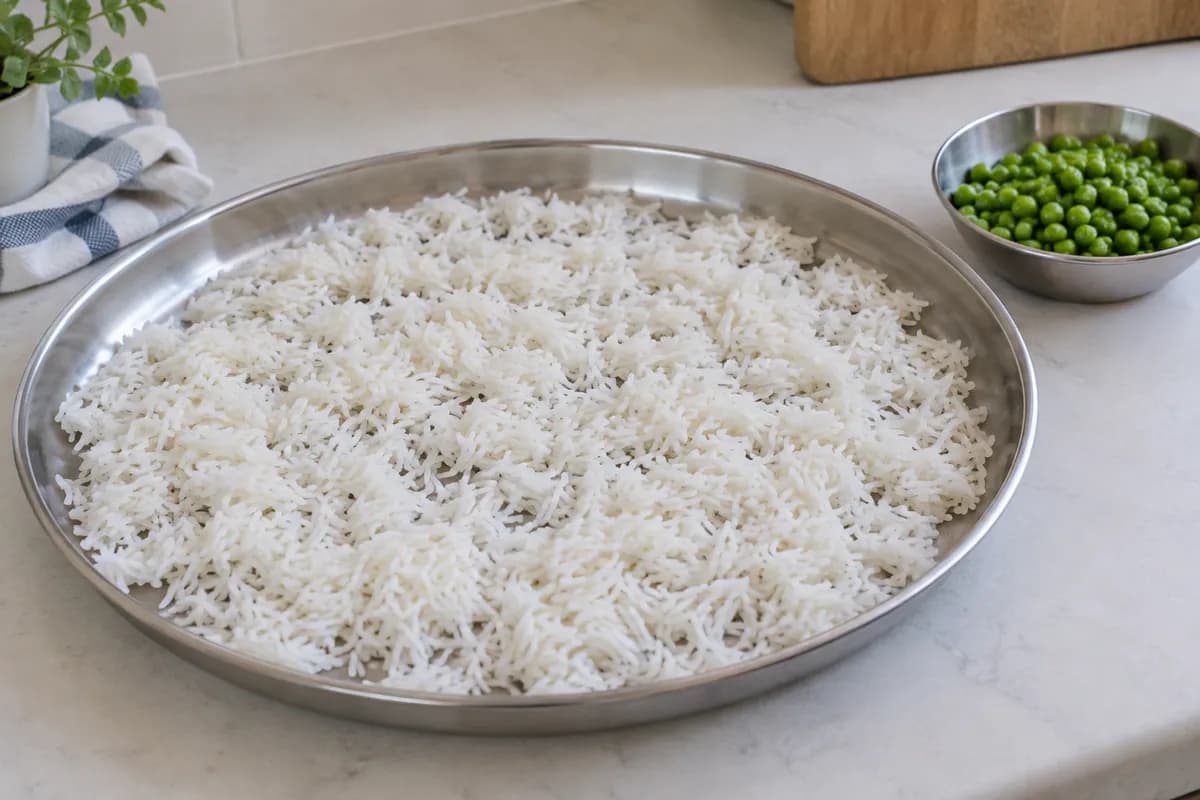 Cooked rice spread in a thin layer on a shallow tray, with peas cooling separately.