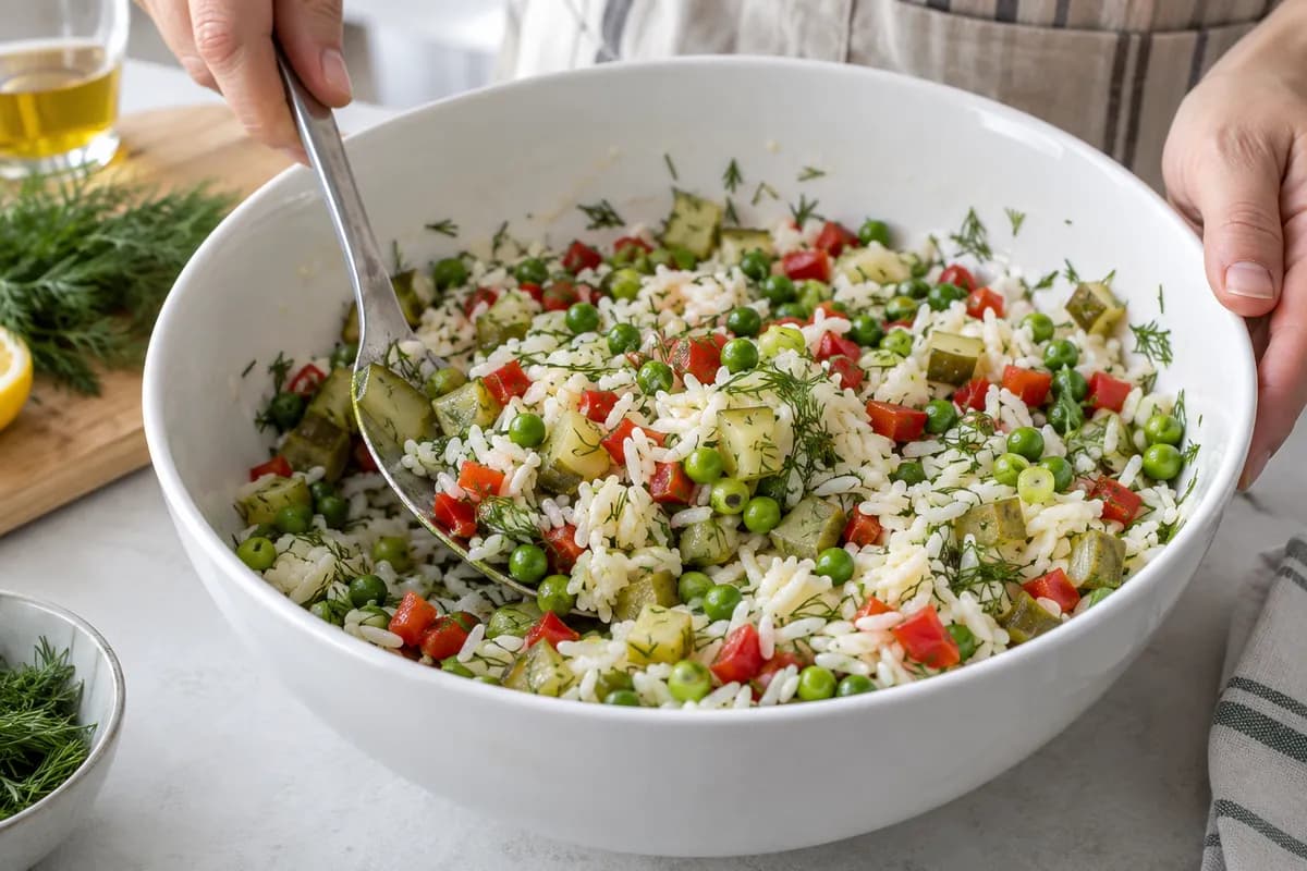 Pickles, peas and vegetables folded into cooled rice and dressing.
